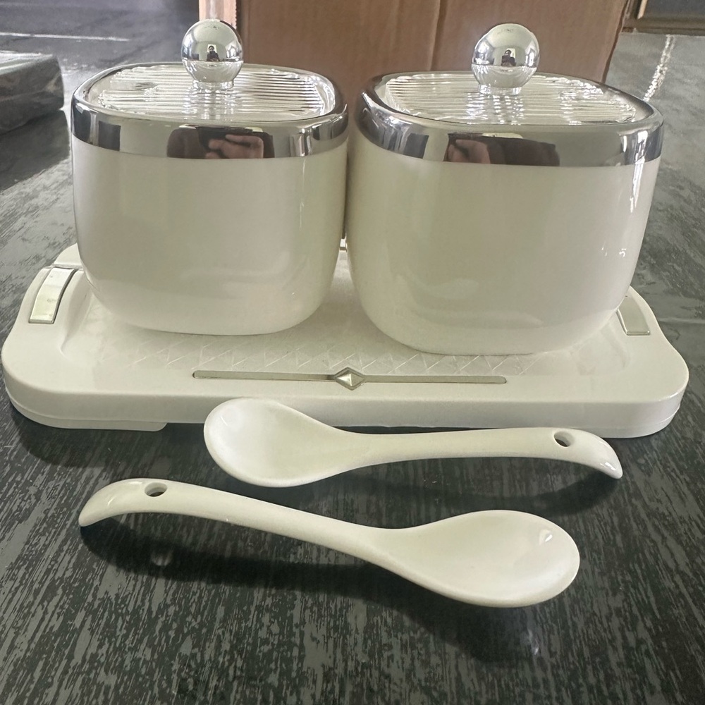 White Ceramic Double Condiment Jars with Spoons - Picture 5 of 10